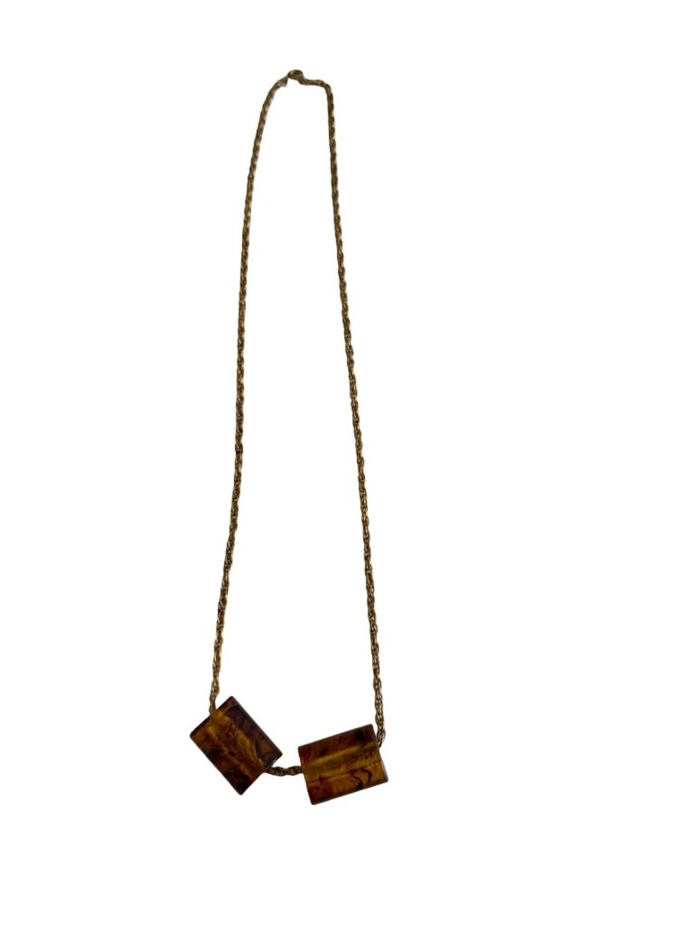 Vintage Amber Lucite Resin Block Necklace Gold Tone Chain Geometric Statement 22